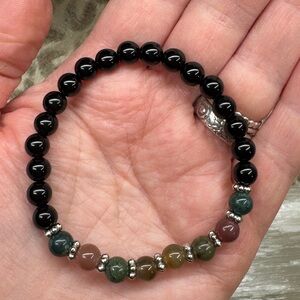 India Agate & Black Obsidian Crystal Gemstone Stretch Natural Healing Energy